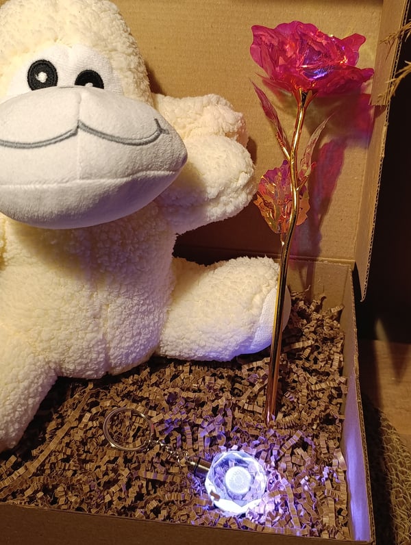 Kutulu Hediye Seti / Peluş Kuzu 24cm - Renk Değiştiren Işıklı Anahtarlık - Sonsuzluk Gülü 