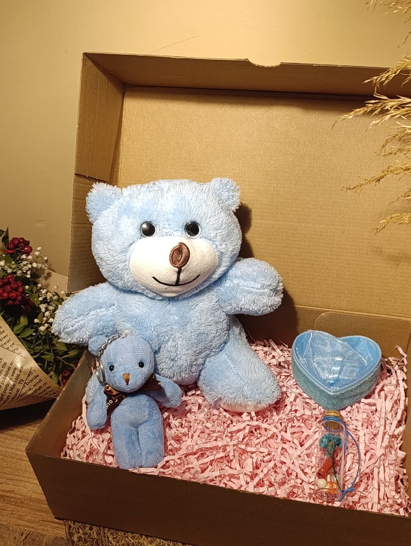 Mavi Ayıcık 25cm - Ayıcık Anahtarlık - Dilek Şişesi - Kalp Tüllü Kutu Hediye Seti