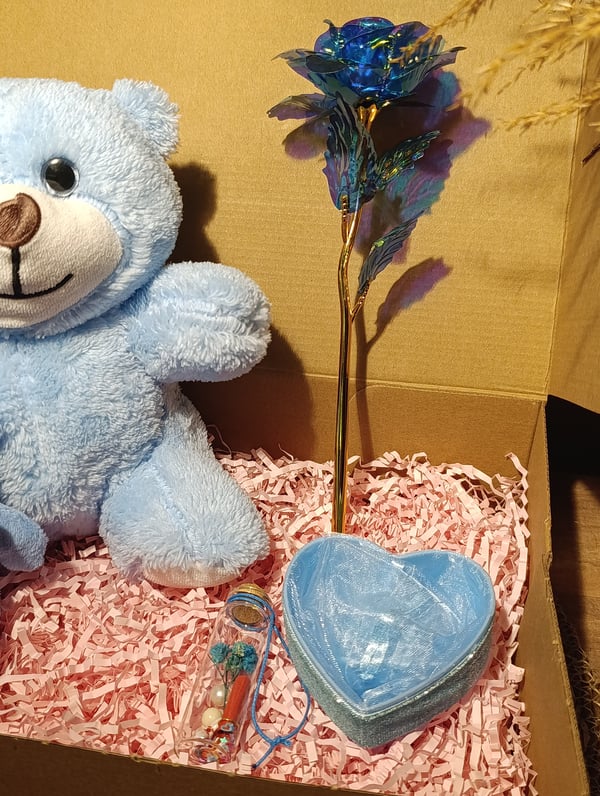 Mavi Ayıcık 25cm - Ayıcık Anahtarlık - Dilek Şişesi - Kalp Tüllü Kutu - Sonsuzluk Gülü Hediye Seti