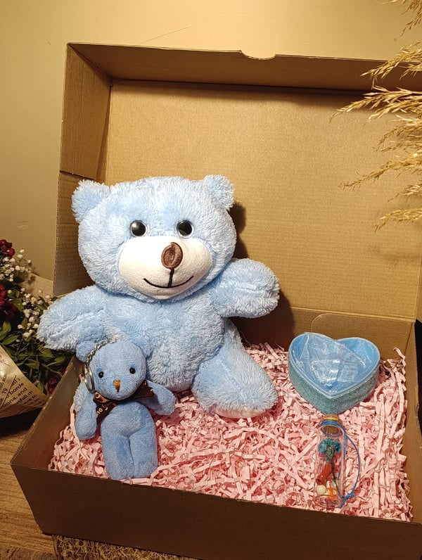 Mavi Ayıcık 25cm - Ayıcık Anahtarlık - Dilek Şişesi - Kalp Tüllü Kutu Hediye Seti