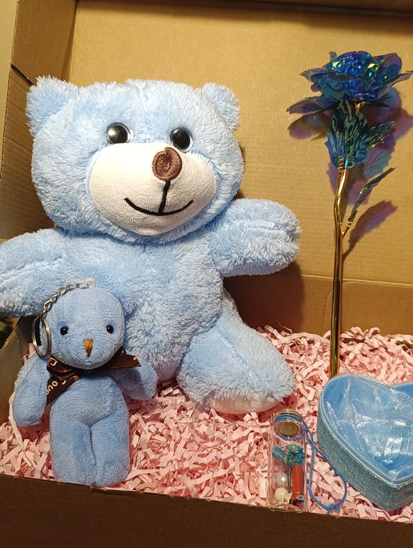 Mavi Ayıcık 25cm - Ayıcık Anahtarlık - Dilek Şişesi - Kalp Tüllü Kutu - Sonsuzluk Gülü Hediye Seti
