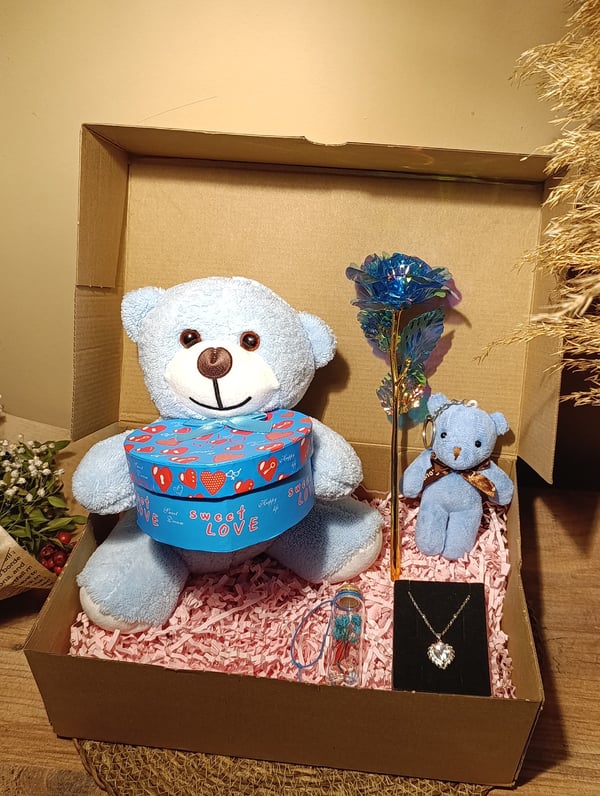 Mavi Kutulu Ayıcık 25cm - Anahtarlık - Dilek Şişesi - Sonsuzluk Gülü - Kalpli Kolye Hediye Seti