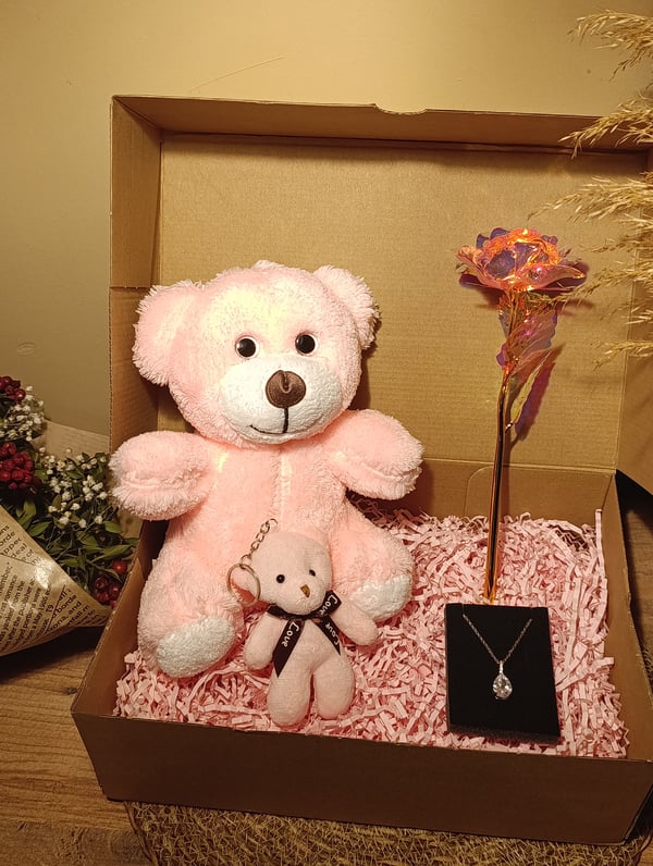 Pembe Ayıcık 25cm - Ayıcık Anahtarlık - Çelik Damla Kolye - Sonsuzluk Gülü Hediye Seti