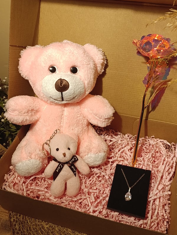 Pembe Ayıcık 25cm - Ayıcık Anahtarlık - Çelik Damla Kolye - Sonsuzluk Gülü Hediye Seti
