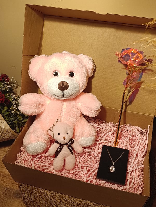 Pembe Ayıcık 25cm - Ayıcık Anahtarlık - Çelik Damla Kolye - Sonsuzluk Gülü Hediye Seti
