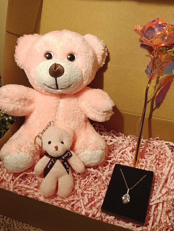 Pembe Ayıcık 25cm - Ayıcık Anahtarlık - Çelik Damla Kolye - Sonsuzluk Gülü Hediye Seti