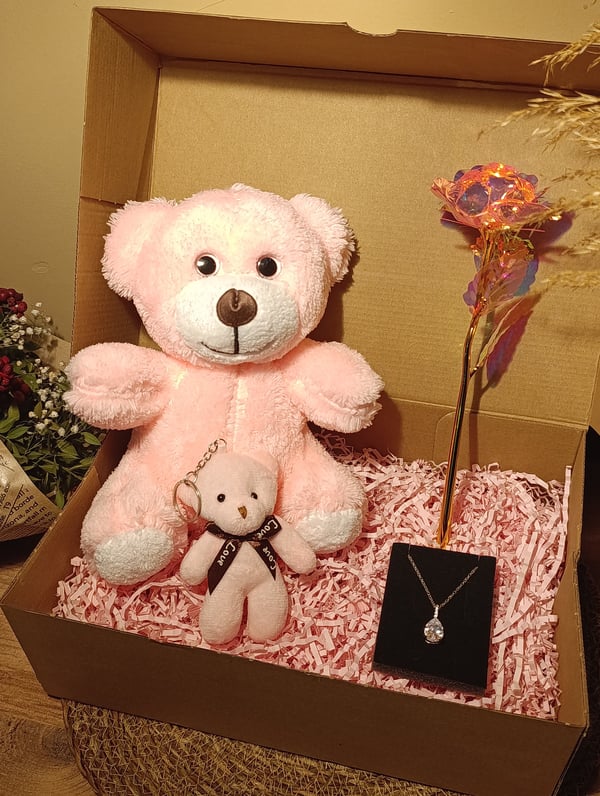 Pembe Ayıcık 25cm - Ayıcık Anahtarlık - Çelik Damla Kolye - Sonsuzluk Gülü Hediye Seti