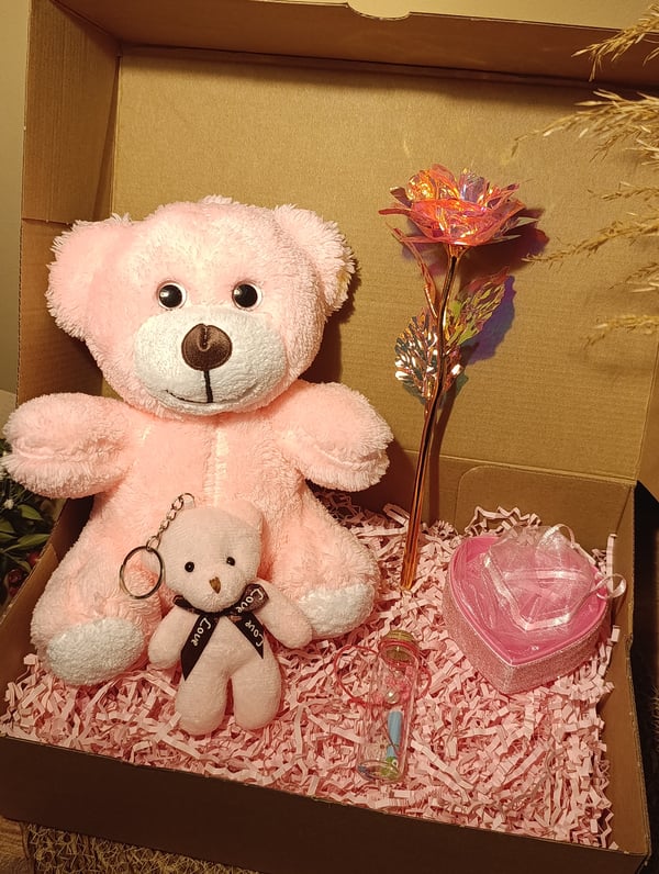 Pembe Ayıcık 25cm - Ayıcık Anahtarlık - Dilek Şişesi - Kalp Tüllü Kutu - Sonsuzluk Gülü Hediye Seti