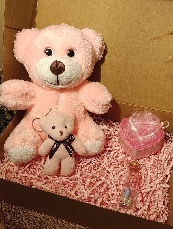 Pembe Ayıcık 25cm - Ayıcık Anahtarlık - Dilek Şişesi - Kalp Tüllü Kutu Hediye Seti
