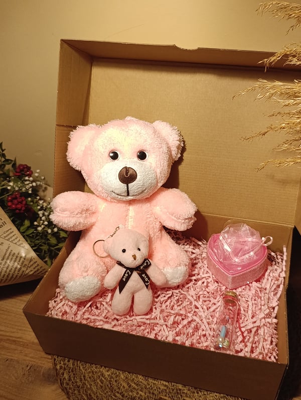 Pembe Ayıcık 25cm - Ayıcık Anahtarlık - Dilek Şişesi - Kalp Tüllü Kutu Hediye Seti
