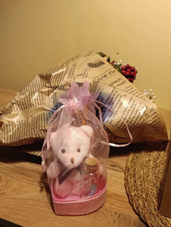 Pembe Ayıcık 25cm - Ayıcık Anahtarlık - Dilek Şişesi - Kalp Tüllü Kutu Hediye Seti