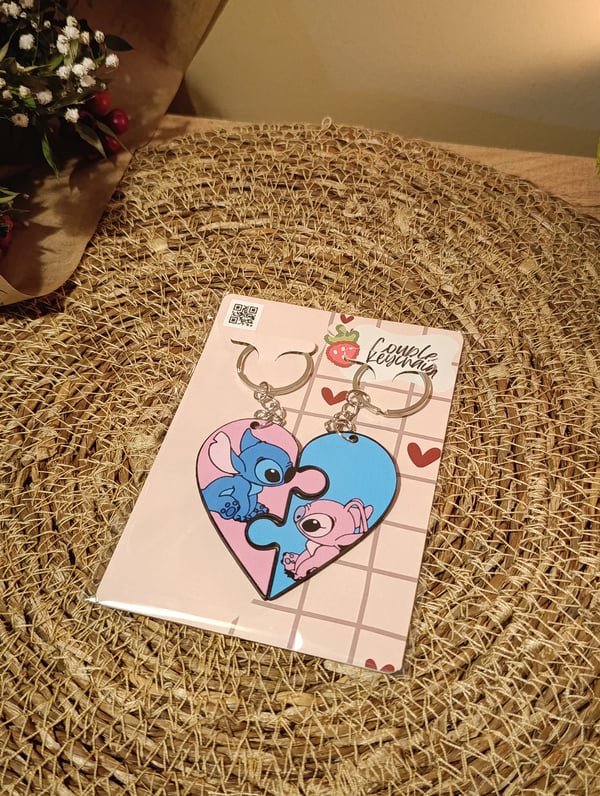 Stitch ve Angel Puzzle Sevgili / Çift Anahtarlığı 