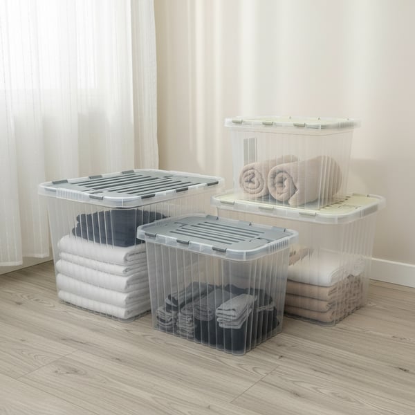Şeffaf Derin Split Box 3 Lü Set (16-26-50 Lt - Anstrasit Gri, Krem Kilitli Kapak