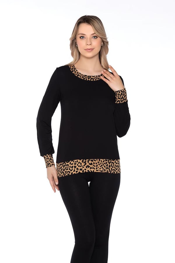 Leopar Detalı Uzun Kollu Kadın T-shirt