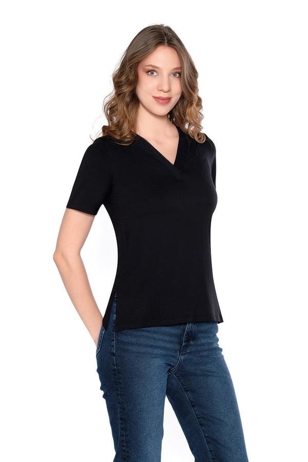 V Yaka Yakası Tül Ynadan Yırtmaçlı Kadın Tshirt