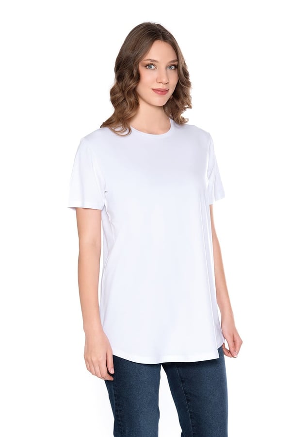 Modal-Pamuk Bisiklet Yaka Oversize Uzun Kadın T-shirt