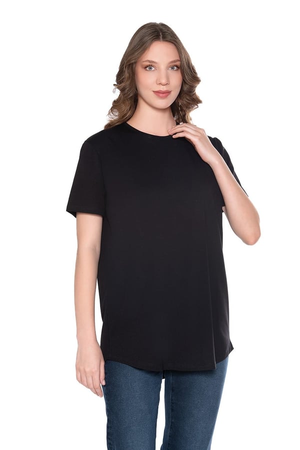 Modal-Pamuk Bisiklet Yaka Oversize Uzun Kadın T-shirt