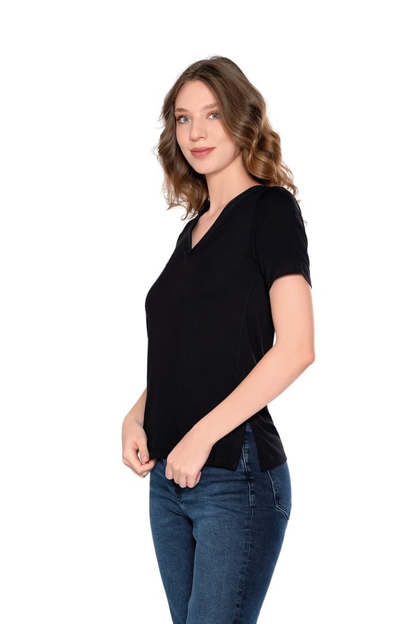 V Yaka Yakası Tül Ynadan Yırtmaçlı Kadın Tshirt
