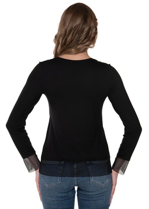 Uzun Kollu V Yaka Kolları Tül Detaylı T-shirt