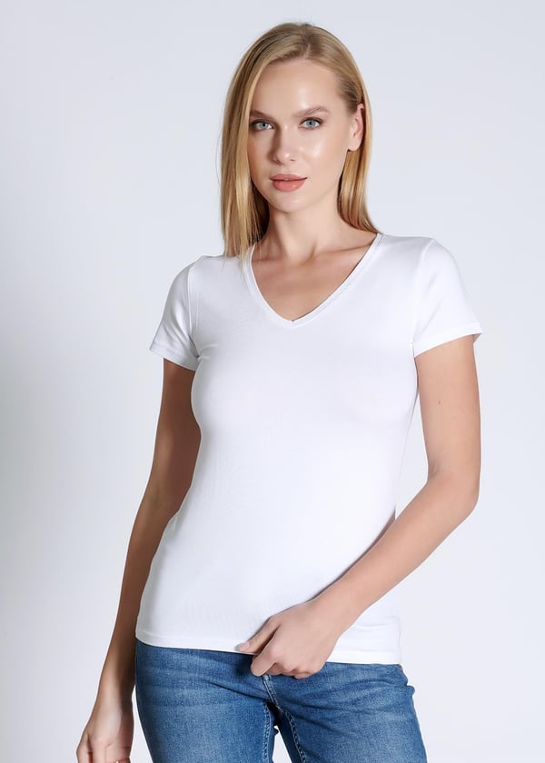 V yaka Kısa Kollu Kadın T-shirt