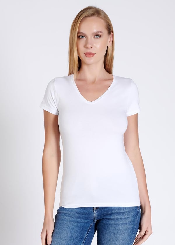 V yaka Kısa Kollu Kadın T-shirt