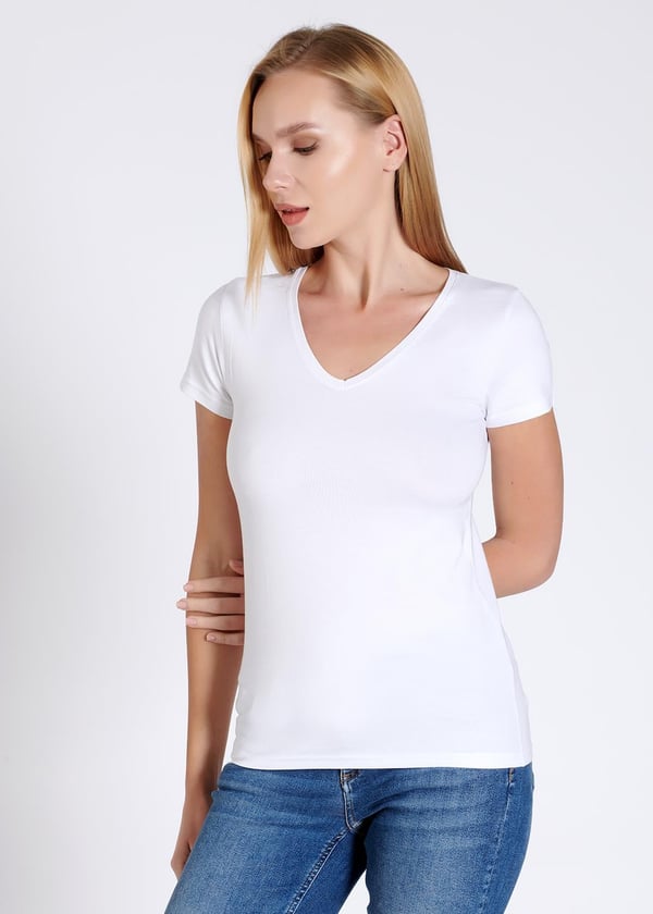 V yaka Kısa Kollu Kadın T-shirt