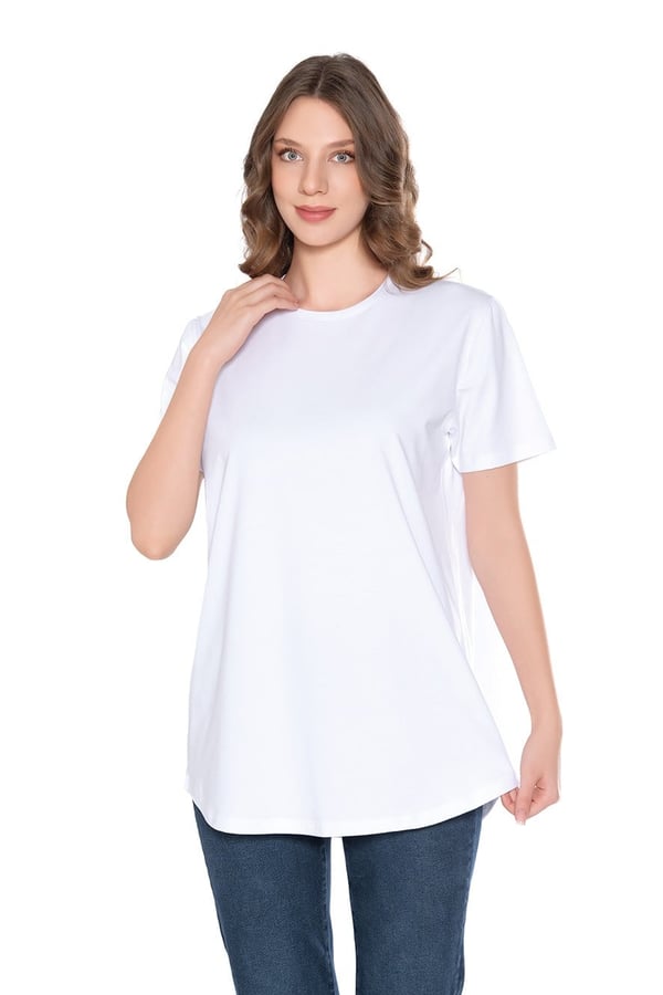 Modal-Pamuk Bisiklet Yaka Oversize Uzun Kadın T-shirt