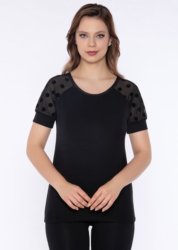 Slim Fit Kolları Manşetli, Puantiyeli Kadın T-shirt