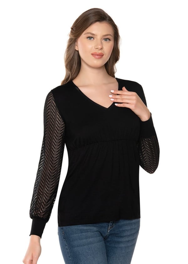 Beli Büzgülü V Yaka Kolları Dantel Ve Manşetli Uzun Kollu Kadın Body