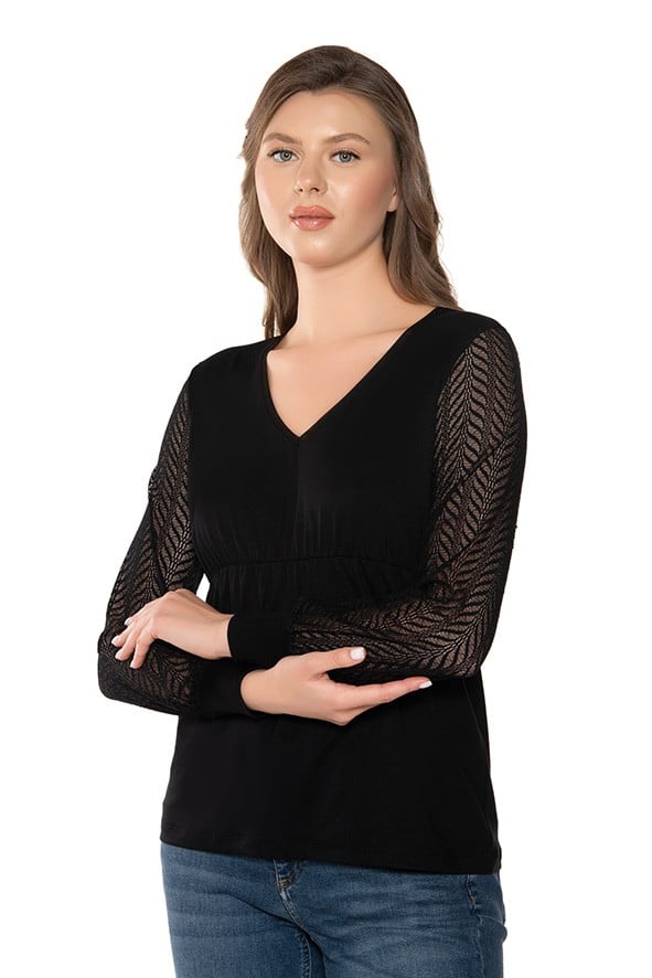 Beli Büzgülü V Yaka Kolları Dantel Ve Manşetli Uzun Kollu Kadın Body
