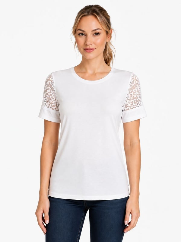 Bisiklet Yaka Kolları Dantelli ve Manşetli Kadın Tshirt