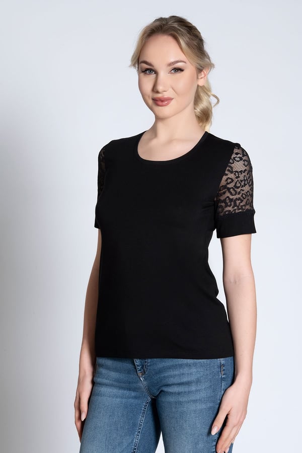 Bisiklet Yaka Kolları Dantelli ve Manşetli Kadın Tshirt
