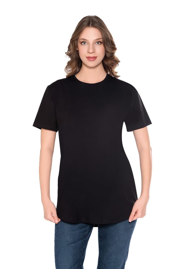 Modal-Pamuk Bisiklet Yaka Oversize Uzun Kadın T-shirt