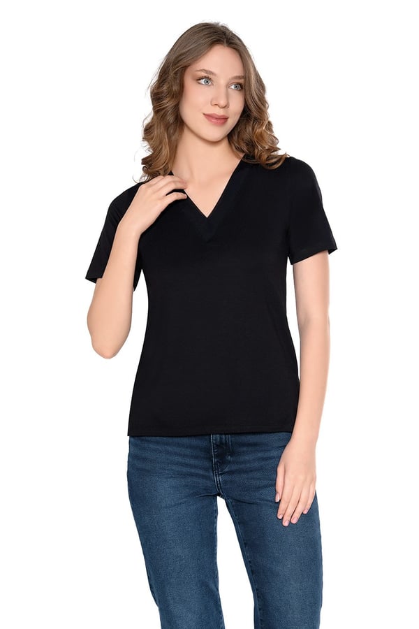 V Yaka Yakası Tül Ynadan Yırtmaçlı Kadın Tshirt
