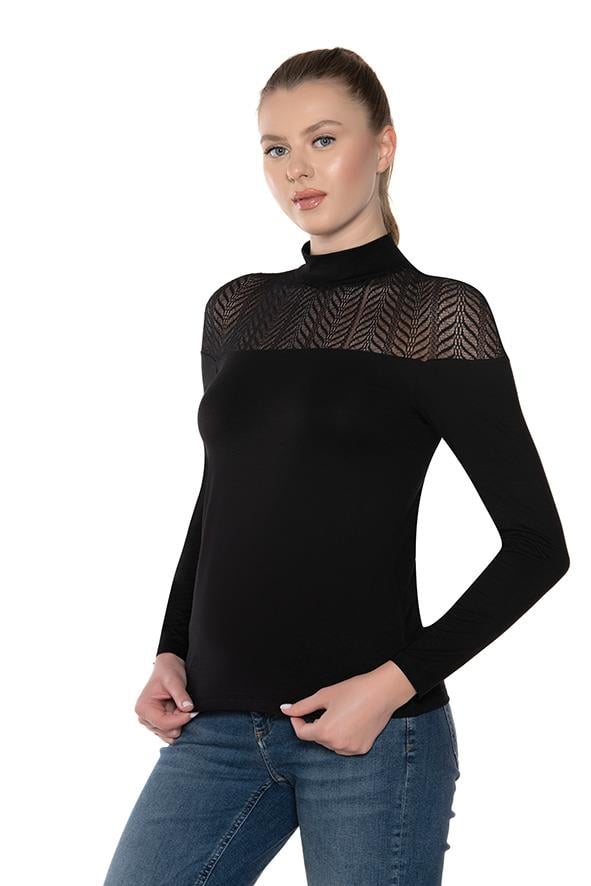 Üst Kısmı Dantelli Balıkçı Yaka Uzun Kollu Kadın Body
