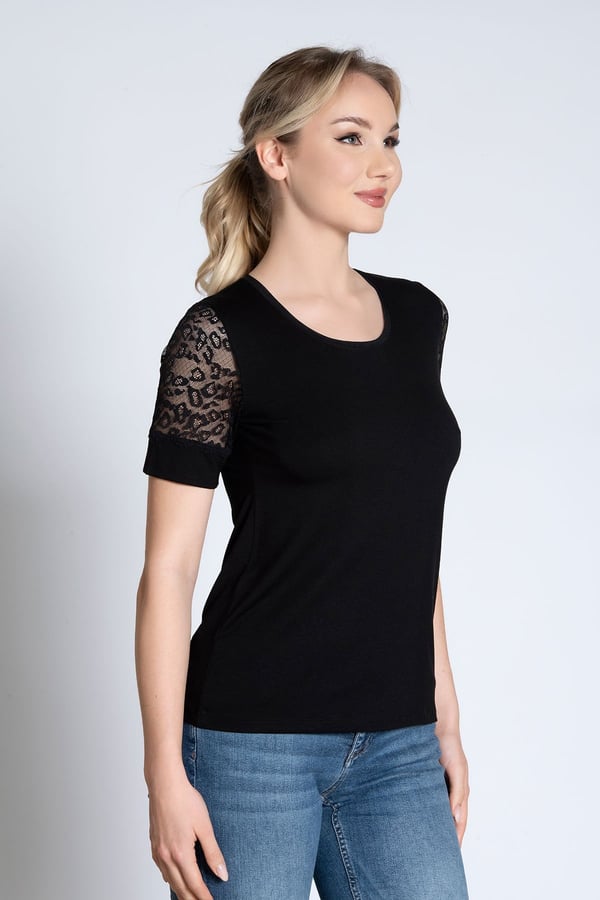 Bisiklet Yaka Kolları Dantelli ve Manşetli Kadın Tshirt