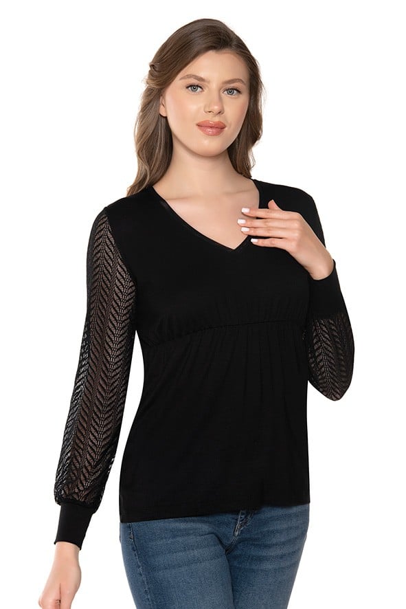 Beli Büzgülü V Yaka Kolları Dantel Ve Manşetli Uzun Kollu Kadın Body