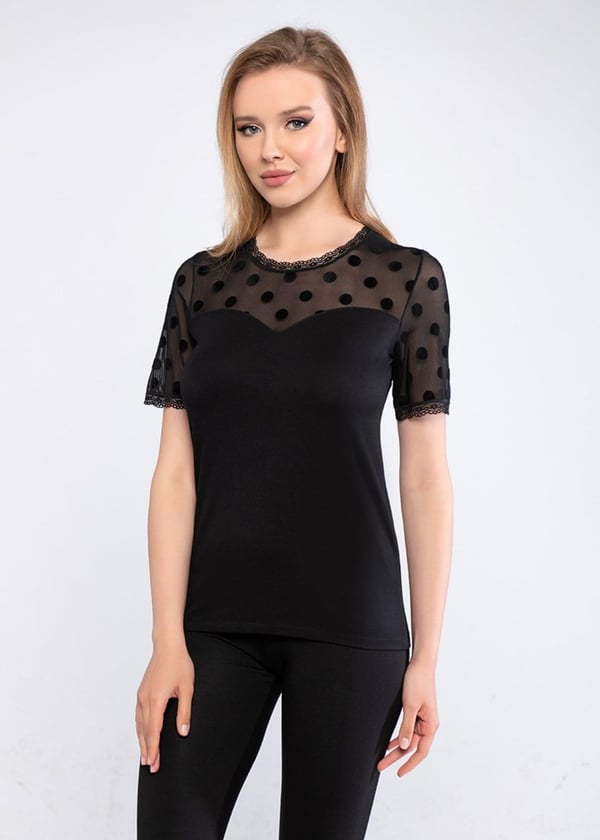 Slim Fit Tül ve Puantiye Detaylı Kadın T-shirt