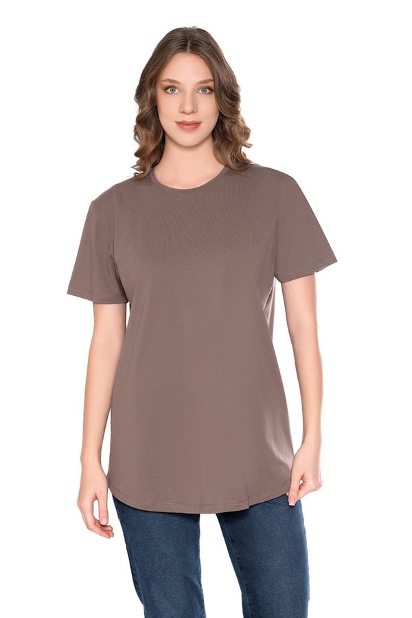 Modal-Pamuk Bisiklet Yaka Oversize Uzun Kadın T-shirt