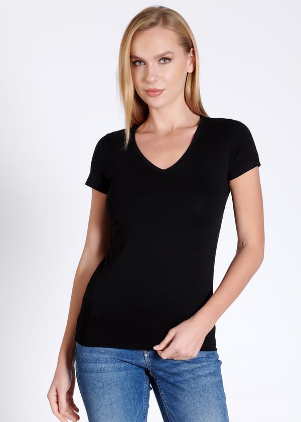 V yaka Kısa Kollu Kadın T-shirt