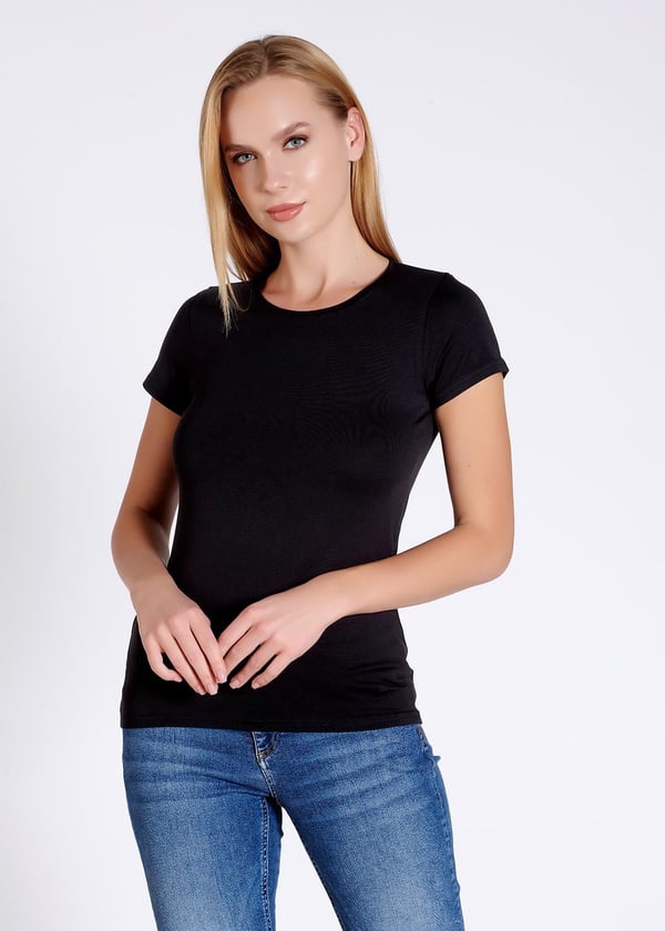Modal-Pamuk Kısa Kollu Bisiklet Yaka Kadın T-shirt