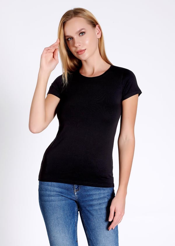 Modal-Pamuk Kısa Kollu Bisiklet Yaka Kadın T-shirt
