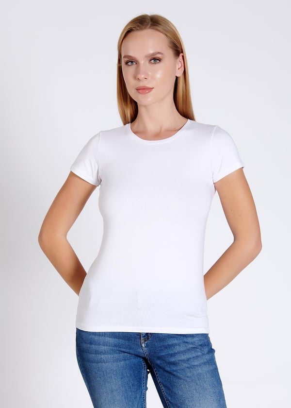 Modal-Pamuk Kısa Kollu Bisiklet Yaka Kadın T-shirt