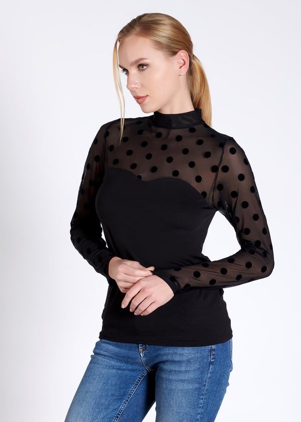 Yakası Tül Puantiyeli Uzun Kollu Kadın T-shirt