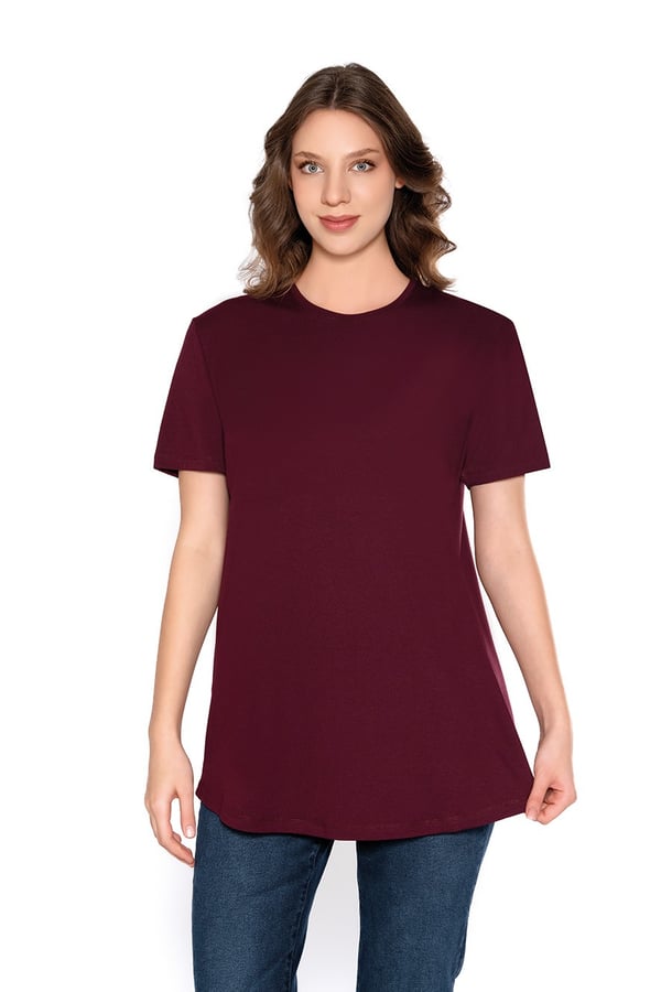 Modal-Pamuk Bisiklet Yaka Oversize Uzun Kadın T-shirt