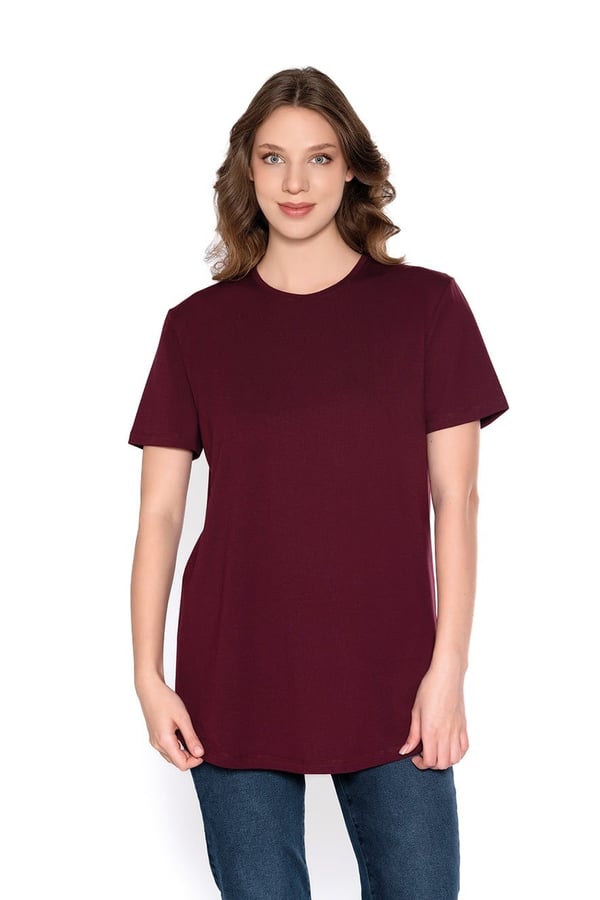 Modal-Pamuk Bisiklet Yaka Oversize Uzun Kadın T-shirt