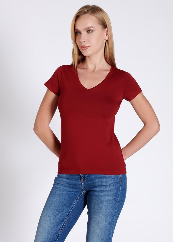 V yaka Kısa Kollu Kadın T-shirt