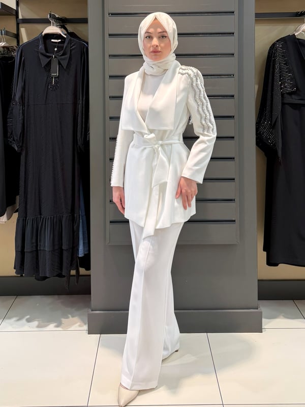 TAŞ DETAY BLAZER TAKIM EKRU