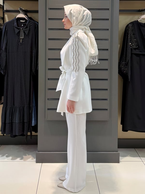TAŞ DETAY BLAZER TAKIM EKRU