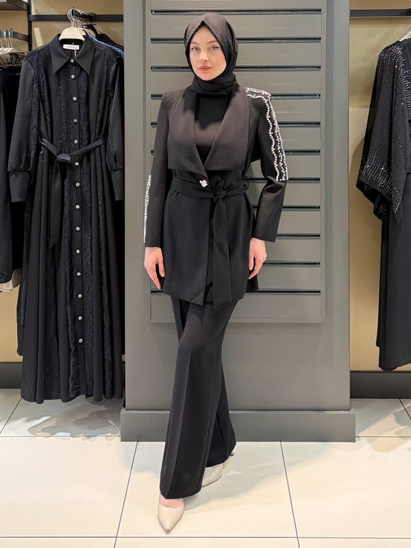 TAŞ DETAY BLAZER TAKIM SİYAH